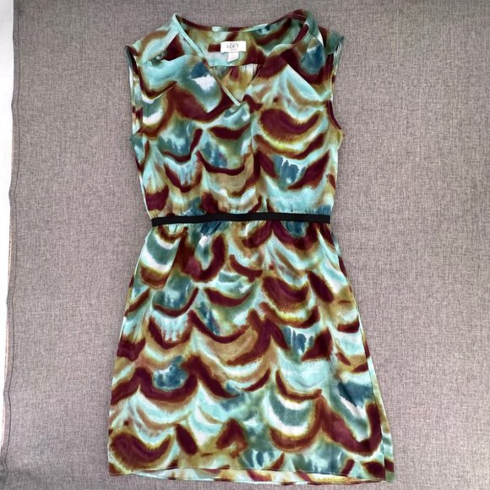 Ann Taylor LOFT Dress V-Neck 6 Petite Pockets Each Side Cinched Waist Sleeveless
